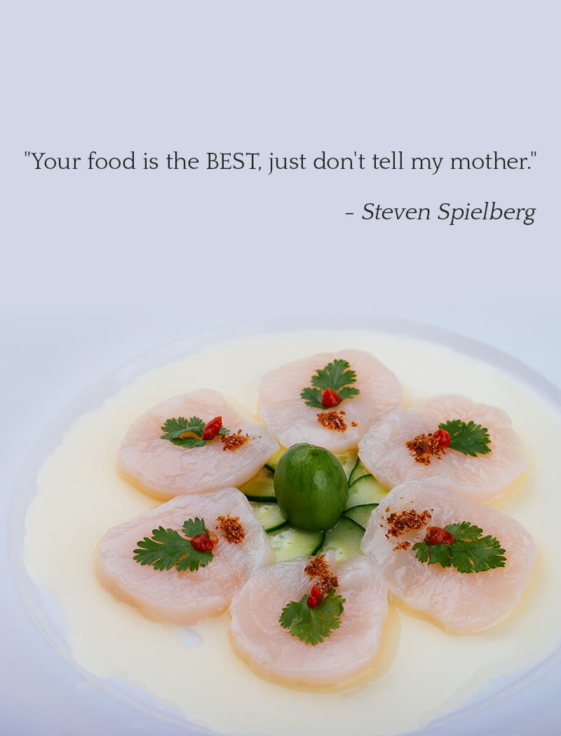 slider image of Fresh Scallop Tiradito -Your food id the BEST. just don’t tell my mother. -Steven Spielberg